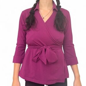 J. Peterman Company purple burgundy wrap blouse with tie waist